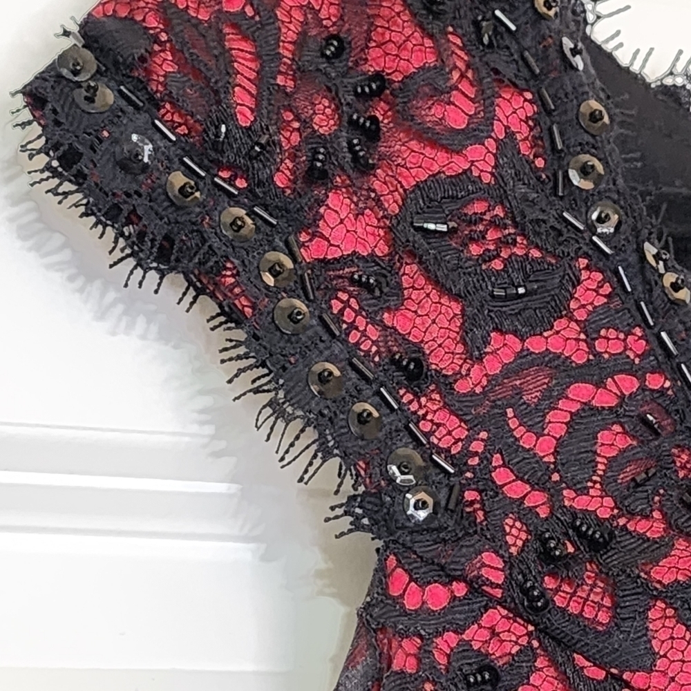 TADASHI Dress Shoji Cocktail Womens Size 4 Red Black Lace Eyelash Fairygoth - Picture 6 of 13